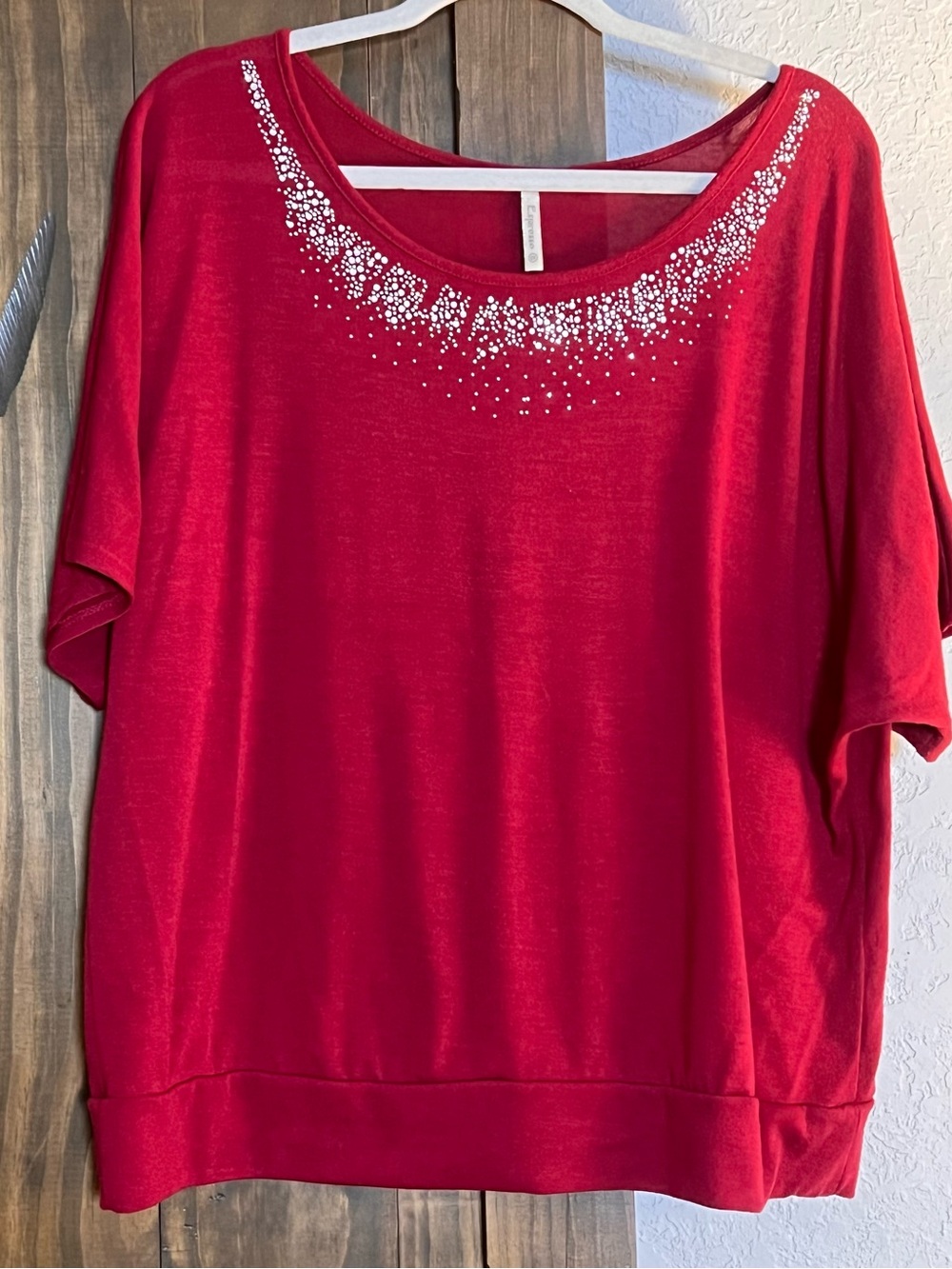 Espresso 2X Red Rhinestone Embellished Dolman Sleeve Banded Top